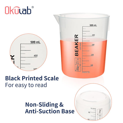 4 Pcs Autoclavable Plastic Beaker Set, 500ml (16.9oz) Black Graduated Beakers with Dump Spout and Stacked Side Ribs,
