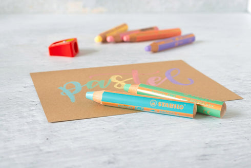 STABILO Multi-Talented Pencil Woody 3 in 1, Pack of 6 Assorted Pastel Colors with Sharpener