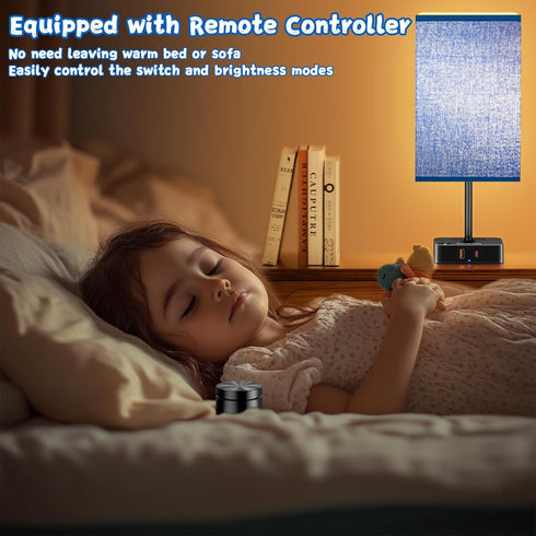 Bedside Lamp & Desk Lamp with Remote, Touch Control, USB-C/A Ports + Outlets | Blue Fabric Shade Nightstand Table Lamp
