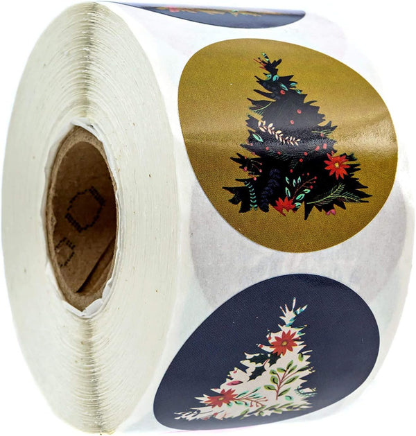 Patterned Holiday Trees Christmas Stickers - 500 Christmas Labels with 8 Alternating Floral Holiday Tree Designs (1.5"