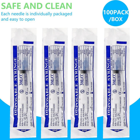 100 Pack 3ml/cc Plastic Syringe Luer Lock Tip - Liquid Measuring Tools (No Needle) - Sterile Individually Sealed