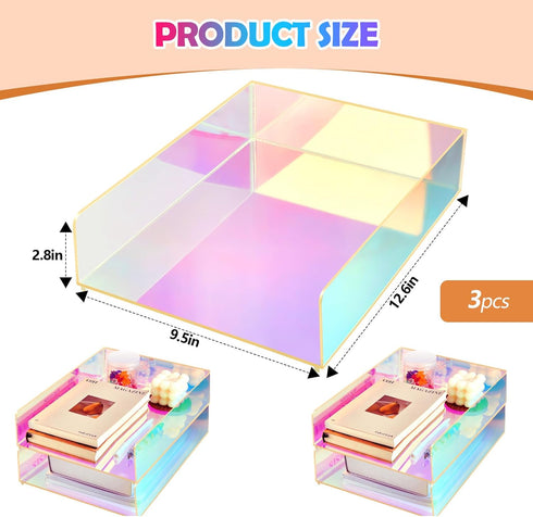 Suzile 3 Pcs Iridescent Acrylic Letter Organizer, Stackable Letter Tray for Desk File Document Folder
