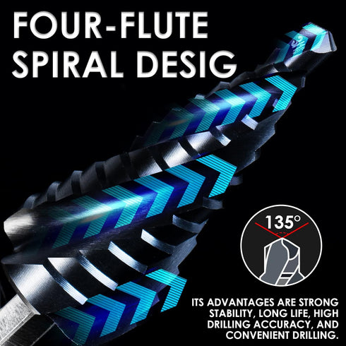 M35 Cobalt Step Drill Bit, Four Spiral Flute Unibit (3/16"-7/8"), Wear-Resistant TiAlN Coated, 1/4" Hex Shank