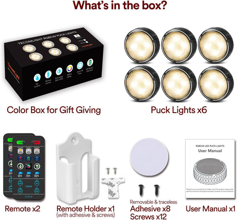 TECOMLIGHT Closet Counter 6 Pack LED Puck Lights with Remote Control, Battery Operated Wireless Light, Under Cabinet