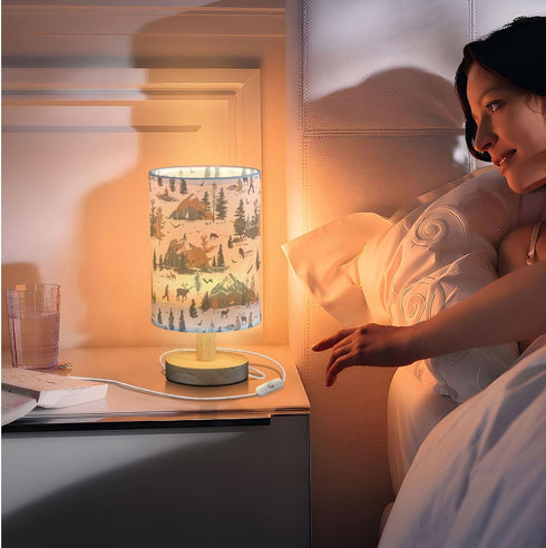 Fustylead Bear Elk Mountain Outdoor Themed Table Lamp for Bedroom USB Port Lamps Small Accent Table Lamp Nightstand