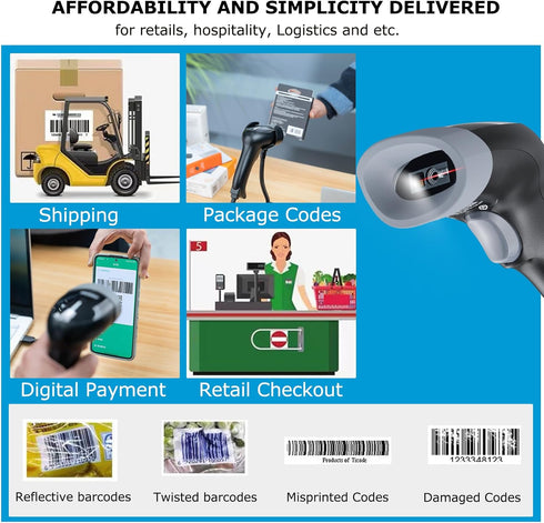 TEEMI 2D 1D/QR USB Barcode Scanner with Stand, Code Reader for Inventory, Handsfree Scanning Gun for Warehouse
