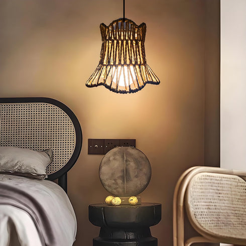 Boho Woven Rattan Pendant Light Shade - Handwoven Paper Rope Bell Shape Lamp Cover | Rustic Farmhouse Lighting Fixture