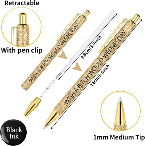 Jxueych 7 Pcs Funny Ballpoint Pen Set Gift for Coworker, Days of The Week Daily Glitter Pen, Black Ink Medium Point