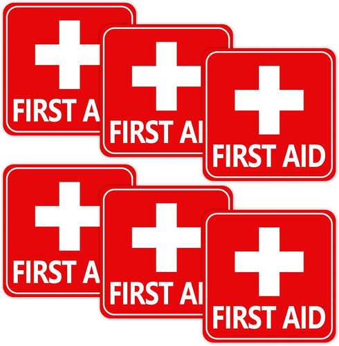Josojoou 6PCS Self-Adhesive First Aid Sticker, 6.06x6.06in Waterproof First Aid Sign Medical Stickers,