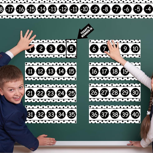 Number Line for Classroom Wall, Black and White Polka Dot Bulletin Board for Students Math Learning Decor Strips