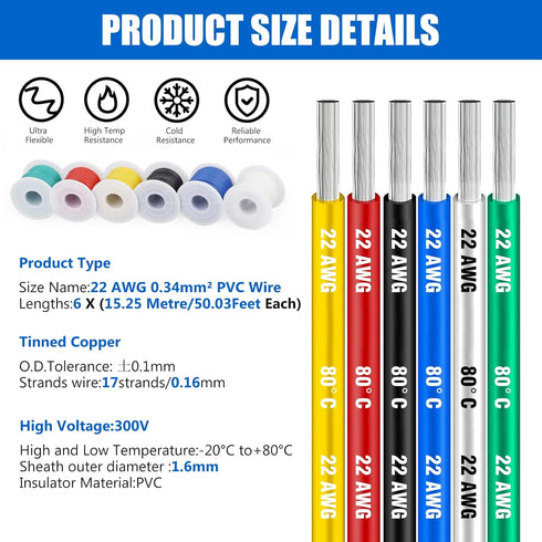 HuLuWa 22 Gauge Electrical Wire Cable Kit, 22 AWG Stranded Tinned Copper Wire, 6 Colors (26.25 Feet Each)