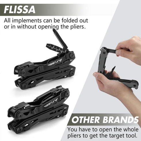 FLISSA 16-in-1 Stainless Steel Multi Tool, EDC Multitool with Pocket Knife, Pliers, Belt Clip, Oxford Sheath for Camping