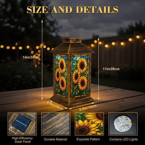 DERUINVAIO Solar Lantern Outdoor Waterproof Vibrant Stained Glass Sunflowers Green Leaves Garden Decor LED Hanging