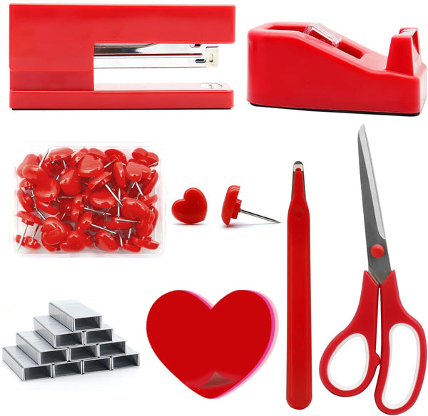 Red Desk Accessories, Red Office Supplies, Stapler and Tape Dispenser Set, Red Desk Accessory Kit, Gift for Students,