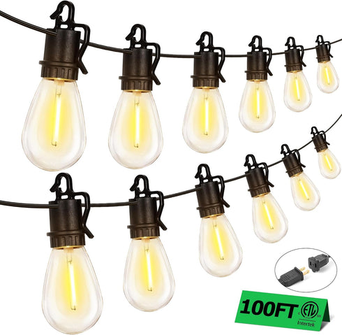 100FT Outdoor String Lights with 52 Shatterproof S14 Vintage Edison Bulbs E12