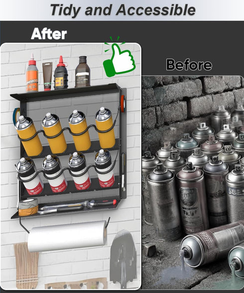 8 2 Spray Paint Can Holder with Paper Towel Holder for Home Garage Organizer, Wall Mount Paint Bottle Tool Utility