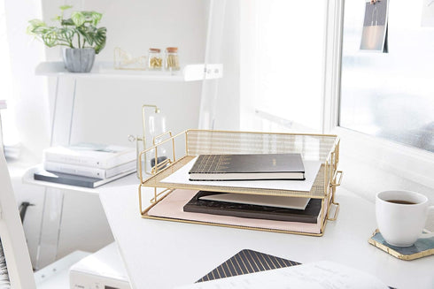 Set 2 BLU MONACO | Paper Tray Stackable Gold Mesh of | Stackable File Trays for Desk Organization | Tiered Desk