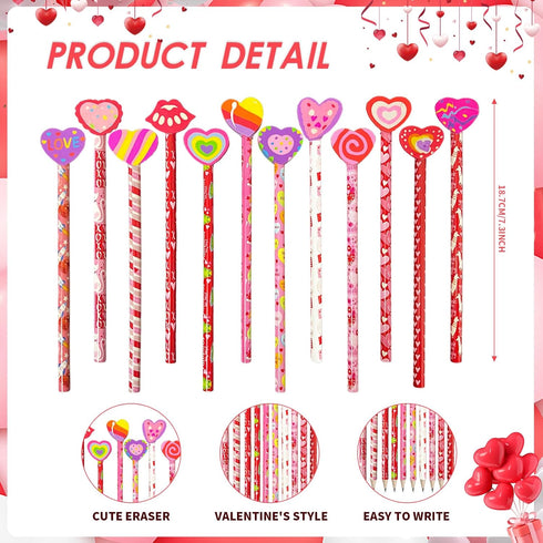 60 Pieces Valentine's Day Pencils Valentines Pencils with Giant Eraser Assortment Valentine's Day Stationery Pencil for Valentine's Party Favors,12 Style(60)