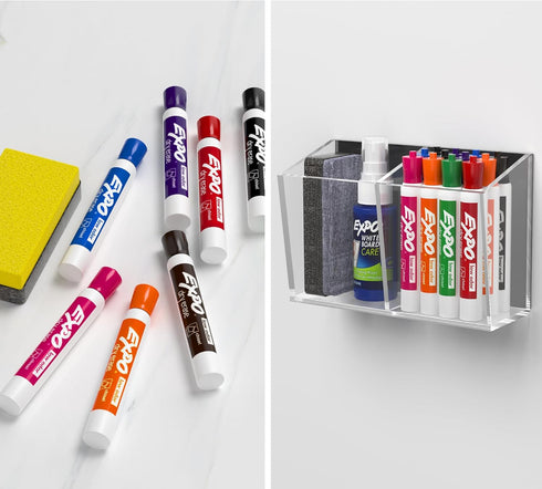 HBlife Acrylic Magnetic Dry Erase Marker Holder, 2 Compartments, Storage Organizer Cup for Fridge, Locker