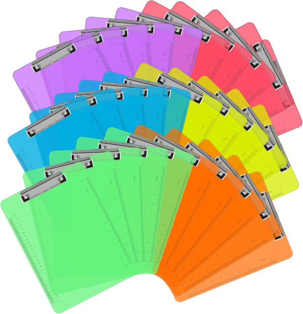 PANDRI 30 Pack Clear Colored Plastic Clipboards, Low Profile Clip Board Standard Letter Size