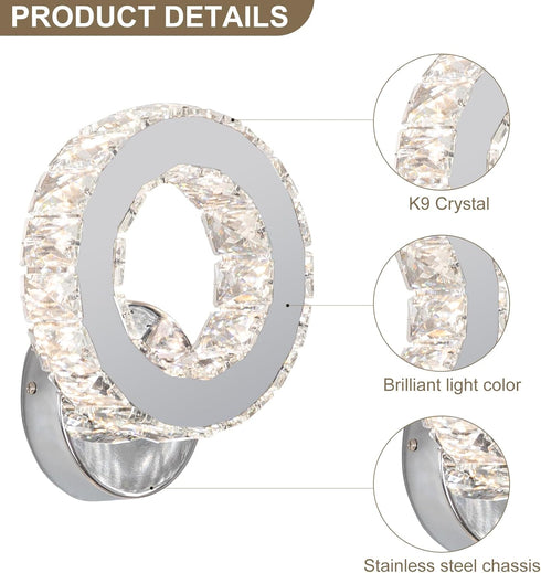 K9 Buccleuch LED Crystal Wall Sconce, Bright Adjustable Color Wall Sconce Light Fixture Stainless Steel White Crystal
