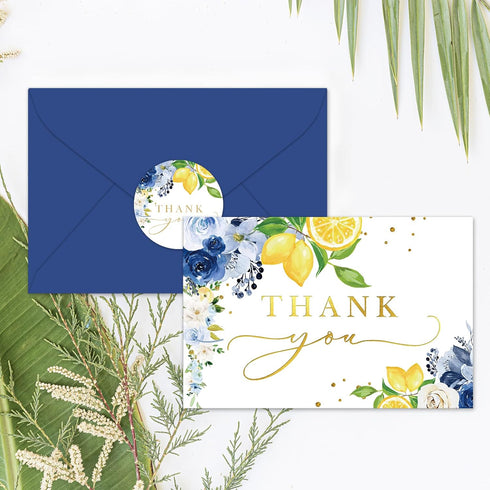 Summer 24 Pack Whaline Blue Lemon Floral Thank You Cards Bulk Watercolor Flower Lemon Thank You Note Card with Stickers