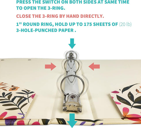 Binditek 3 Ring Binder, 1 Inch Round Ring with 5-Tab Dividers, 2 Interior Pockets, Floral Design, 175 Sheet Capacity
