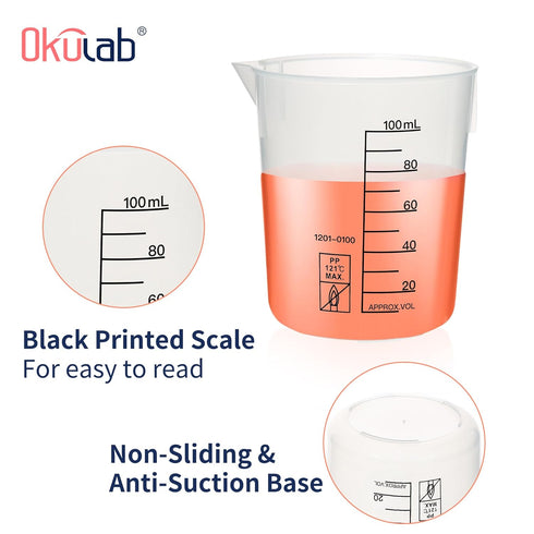 12 Pcs Plastic Beakers, 100ml Lab Beakers, Plastic Measuring Cup with Black Printed Graduation (BKLP100A12)