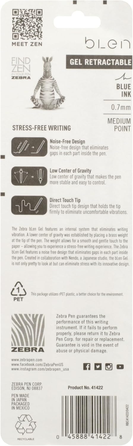 Zebra Pen bLen Retractable Gel Pen, White Barrel, Medium Point, 0.7mm, Blue Ink, 2-Count (41422)