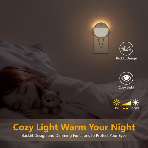 YUNLEX 2 Pack Dimming, 3 Plug in Night Light with Motion Sensor and Dusk to Dawn Sensor, Stepless Warm White LED