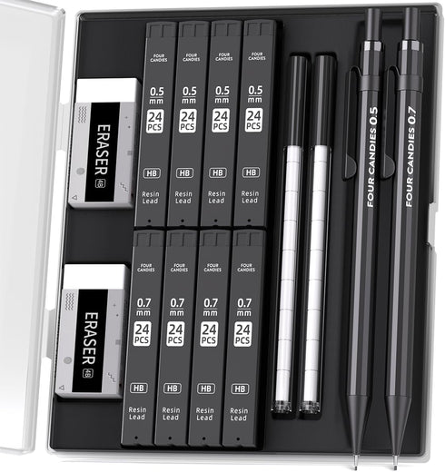 Four Candies Metal Mechanical Pencils, 0.5 & 0.7 mm, 2PCS with Dual Spring, Lead Refills, Erasers for Writing
