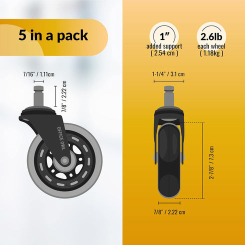 Set of 5 Replacement Chair Caster Wheels, Clear - NOT Compatible with IKEA Chairs