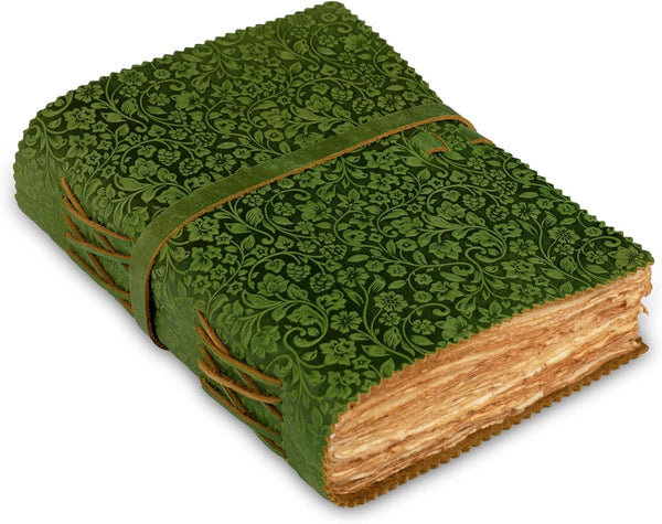 LEATHER VILLAGE Floral Embossed Leather Journal - 200 Pages, 6” x 4” (A6), Green, Vintage Blank Paper Travel Diary