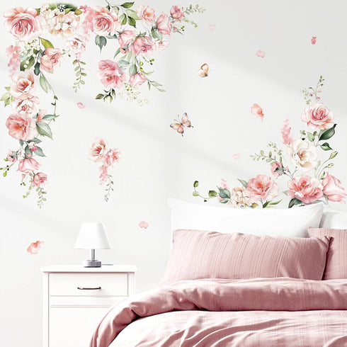 decalmile Large Pink Flower Wall Decals Hanging Vine Floral Wall Stickers Baby Nursery Girls Bedroom Living Room Wall