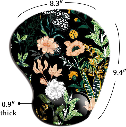 Ergonomic Mouse Pad with Wrist Support, Black Floral Cute Design, Non-Slip PU Base for Home Office Working & Pain Relief