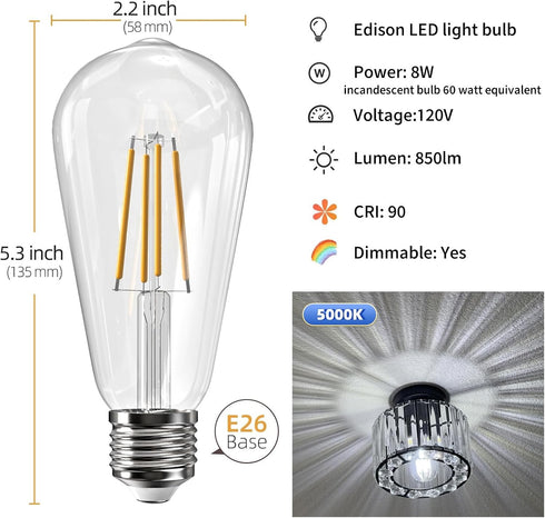 Edison LED Light Bulbs 60 Watt Equivalent 8W Dimmable LED Light Bulbs 5000K Daylight 800 Lumen CRI90 E26 Base for Ceiling Vanity Light Dinning Room Kitchen 6 Pack by Jensense