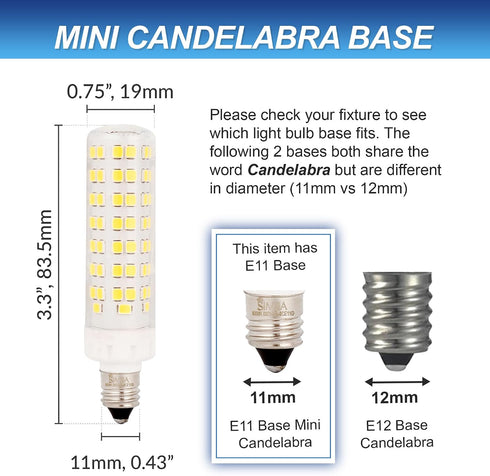 E11 T6 Bulb 8W 75W 80W (4 Pack) 94SMD2835 JDE11 120V 6000K, Dimmable Simba Lighting LED Mini-Candelabra JD Light