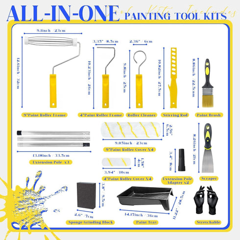 Krbnk 18-Piece 3.3ft 4" 9" Paint Roller Kit with Reinforcing Extension Pole, & Roller Covers, Paint Tray & Brushes