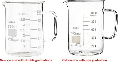 Labnique Glass Beaker with Handle, Beaker Mug with Pouring Spout, Double Graduated, 1000ml (33.8 oz / 4.2 cups)