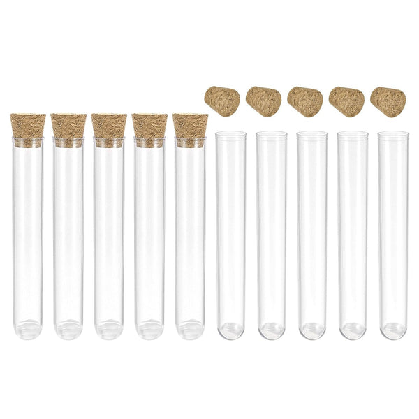 uxcell 10Pcs PS Plastic Test Tubes with Cork Stoppers, Round Base, 12x60mm for Scientific Experiments