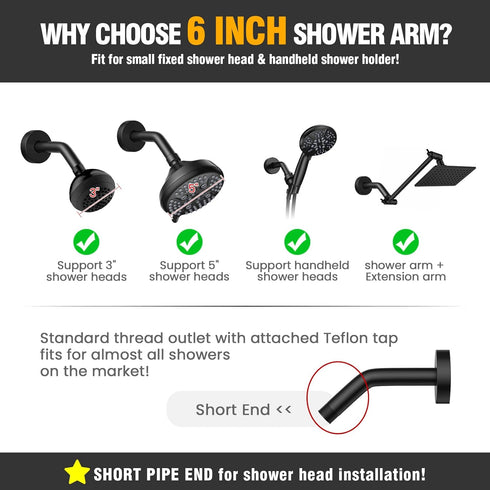 YASFEL Black Shower Arm 6" Extension Arm Pipe with Flange and Teflon Tape for Shower Head & Handheld Shower Head (SUS