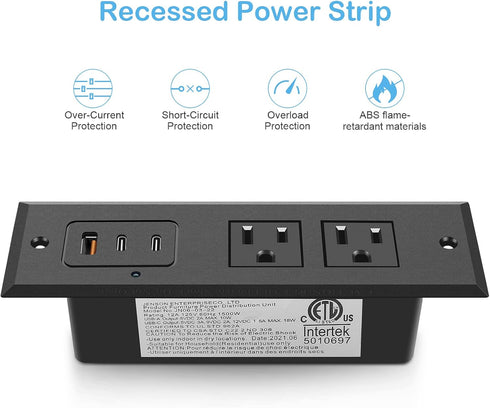 CCCEI 6 45 Recessed Power Strip with Two USB-C Ports, Fast Charging USB A Port Desk Outlet, Black Furniture Hidden