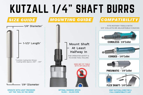 Kutzall Original Ball Nose Rotary Burr, 1/4" Shaft, Coarse, 1/4" Head Dia. x 1-3/8" Length, Woodworking Attachment