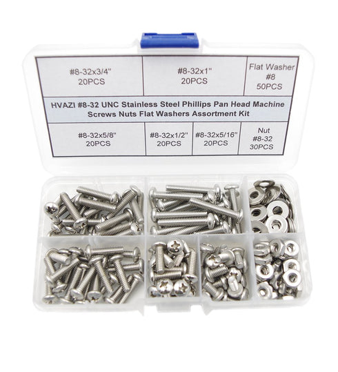 #8-32 UNC Stainless Steel Phillips Pan Head Machine Screws Nuts Flat Washers Assortment Kit