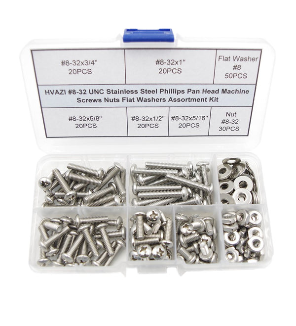 #8-32 UNC Stainless Steel Phillips Pan Head Machine Screws Nuts Flat Washers Assortment Kit