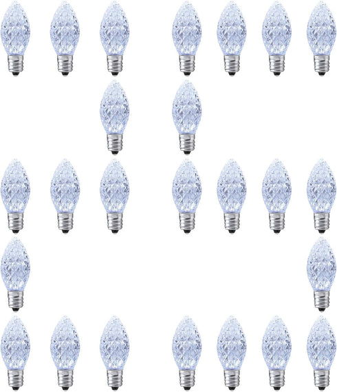 25 Pack C7 Cool White LED Replacement Christmas Light Faceted Bulbs, 0.72W, E12 Base, 2 SMD LEDs in Each Light Bulb,