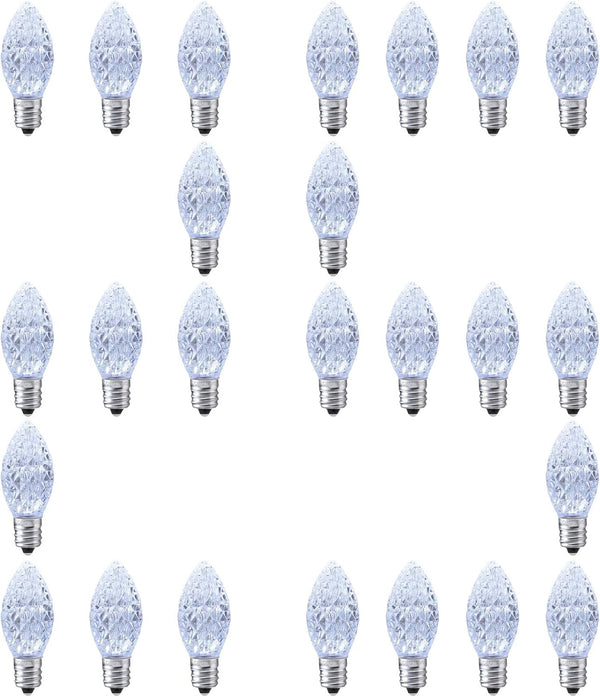 25 Pack C7 Cool White LED Replacement Christmas Light Faceted Bulbs, 0.72W, E12 Base, 2 SMD LEDs in Each Light Bulb,