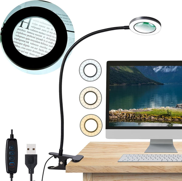 Desk Magnifying Glass with Light 5X, Clip on Desk Light with 3 Light Colors, 5W LED Desk Lamp with Clamp