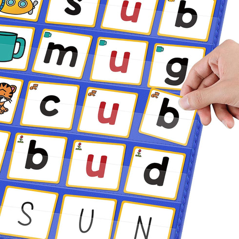 CVC Word Building Pocket Charts with 64 Phonics Flash Cards - Kindergarten Classroom Must Haves for Reading and Spelling