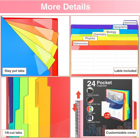 Forvencer 24 Pocket Project Organizer, 1/3-cut Tab Binder with Sticky Labels, Multi Pocket Folder, Blush